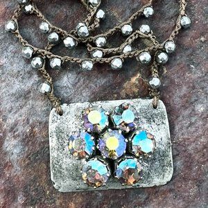 VINTAGE RHINESTONE Crochet Necklace with Pyrite Beads